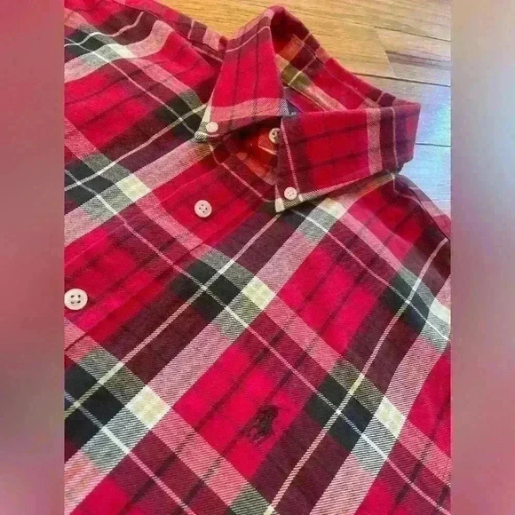 Ralph Lauren Flannel Button Down Collared Shirt Red White Black Plaid Mens Sz L - Picture 2 of 14